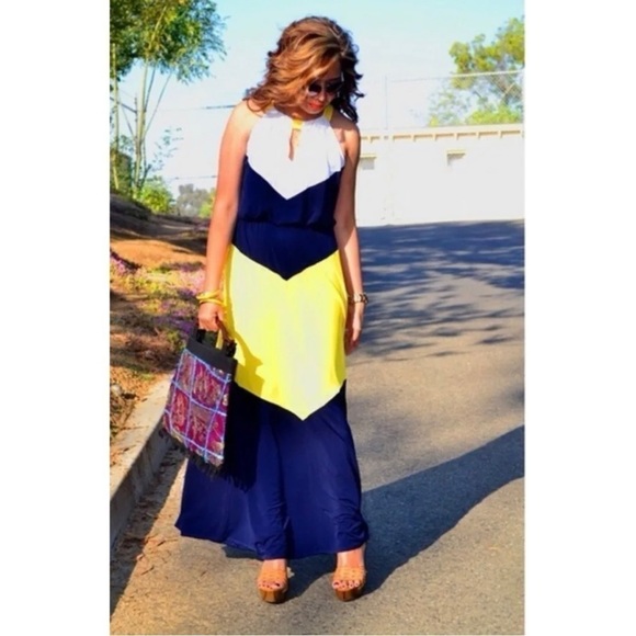 Maggy London Sz 8 Long Color Block Slinky Yellow Navy White Halter m Maxi Dress - Picture 4 of 9